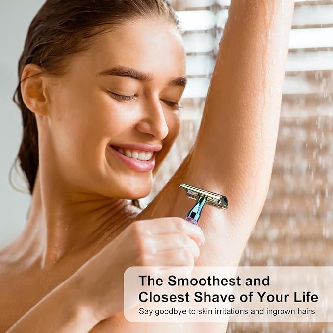 Rainbow Safety Razors for Men and Women, Single Blade Razor, Reusable Metal 1 Blade Razor, with 10 Stainless Steel Double Edge Blades, Smooth & Close Shave, Plastic Free, Sustainable