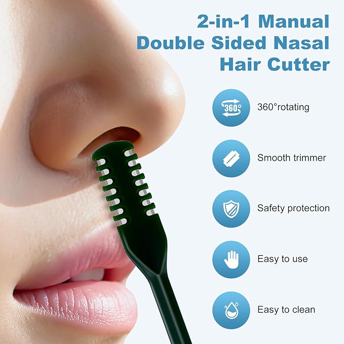5PCS 2-in-1 Nasal Hair Cutter, Upgrade Manual Double Sided Nose Hair Trimmer Cutter for Women and Men 360°Rotating Nose Hair Remover Grooming Tool knife Razor Portable Nostril hair kit (Dark Green)