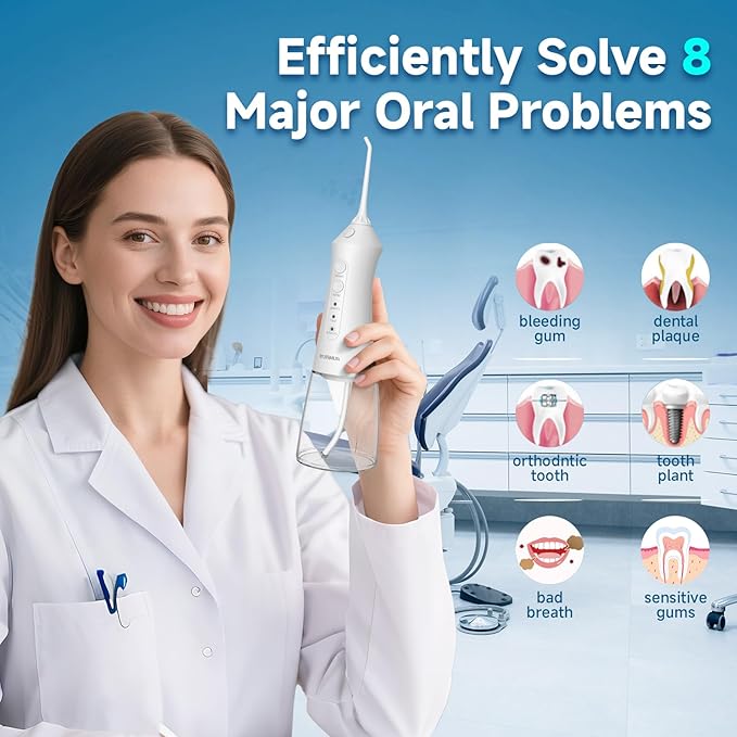 Water Dental Flosser Teeth Pick 300ML Portable Cordless Oral Irrigator for Teeth Cleaning with 4 Modes 5 Jet Tips 12 Pressure Settings USBCharger IPX7 Irrigation Cleaner for Home Travel White