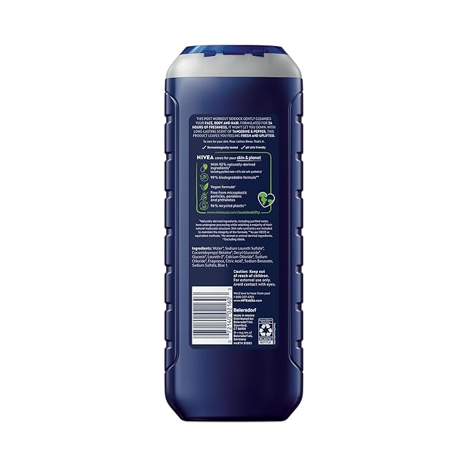 NIVEA Men Sport Body Wash with Revitalizing Minerals, Tangerine and Pepper Scent, 3-in-1 Men's Body Wash, Face and Hair, Paraben Free, Vegan Formula, 16.9 Fl Oz Bottle