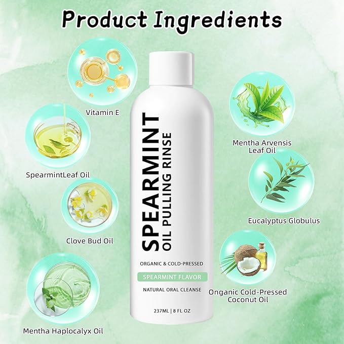 White Spearmint Oil Pulling Rinse, Cold-Pressed Coconut Mouthwash for Teeth Whitening, Powerful Organic Peppermint Oil Maintain Gum Health & Freshness Breath