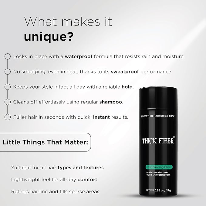 THICK FIBER Hair Fibers for Thinning Hair & Bald spots (GRAY) - 25g Bottle - Conceals Hair Loss in Seconds - Hair Powder for Women & Men