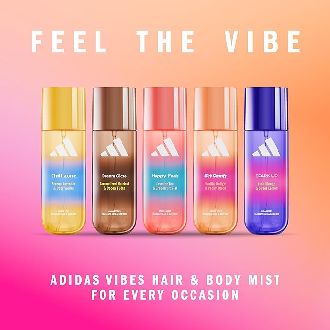 adidas Vibes Get Comfy Fragrance Hair & Body Mist for Women, Mood-Boosting, Notes of Vanilla Delight & Peony Bloom, For Any Occasion, 7.9oz