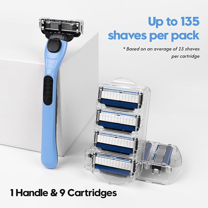 6-Blade Men's Razor with Dual Lubrication and Precision Trimmer, Shaving Kit for Men, 10 Piece Set, 1 Handle & 9 Refill Cartridges, Smooth Comfortable Shave (Blue)