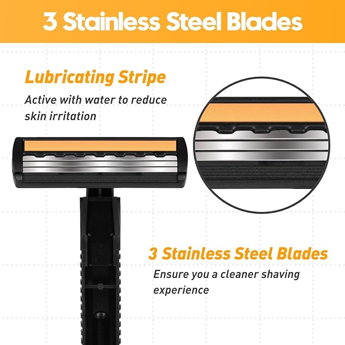 3-Blade Disposable Razors for Men & Women – 100 Pack Bulk Stainless Steel Shavers with Lubricating Strip & Safety Cap, Non-Slip Handle for Sensitive Skin, Travel, Hotel, Charity (Black)
