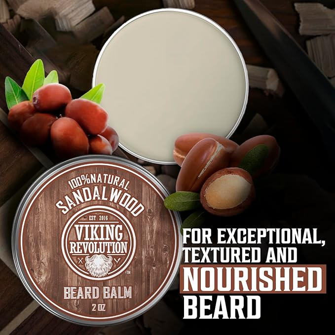 Viking Revolution Sandalwood Beard Balm - Beard Butter with Argan Oil, Beard Softener for Men with Jojoba Oil - Beard Moisturizer for Men with Beeswax - Beard Wax for Men (2oz, 1 Pack)