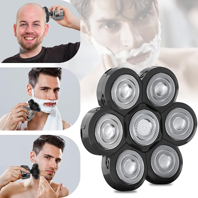 Electric Shaver Replacement Heads 7D - 7 Replacement Blades Head Razor Heads Universal Stainless Steel Rotary Blade for Bald Head Razor for Men (7 Heads Black)