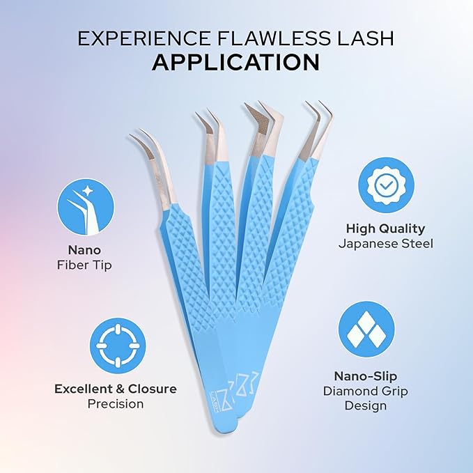 M LASH Tweezers for Eyelash Extensions (Set of 4) - Professional Lash Extension Tweezers - Fiber Tip, Japanese Steel, Diamond Grip Eyelash Extension Tweezer set (Leopard Prints)