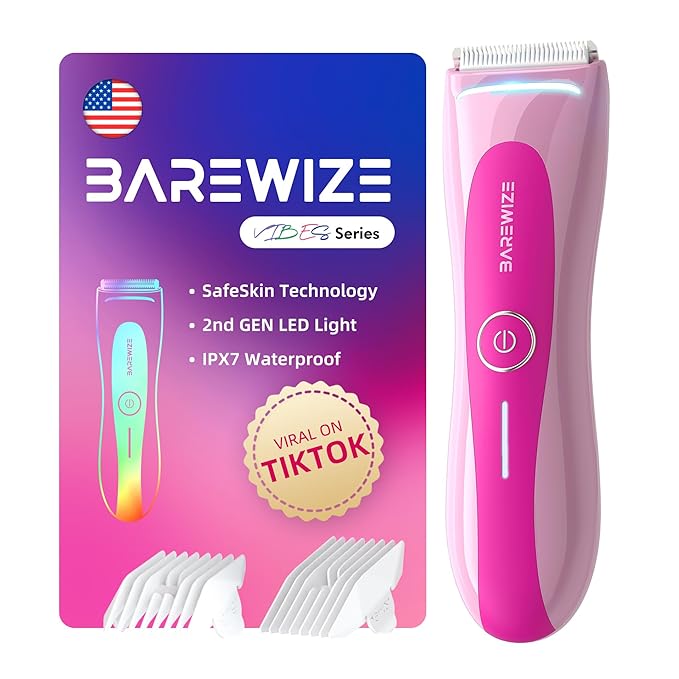 Bikini Trimmer for Women, Electric Shaver for Women | LED Light, IPX7 Waterproof, USB-C Rechargeable, Ceramic Blade | Electric Razors for Women, Pubic Hair Trimmer Women (Petal Bonbon)