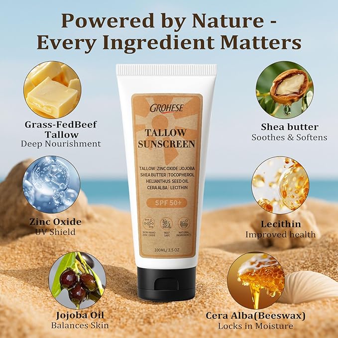 Confidita Beef Tallow Sunscreen SPF 50 for Face & Body – Natural Mineral Sunscreen with Non Nano Zinc Oxide, Reef Safe, Non-Greasy Formula, Non Toxic & Moisturizing Sunblock, 3.5oz
