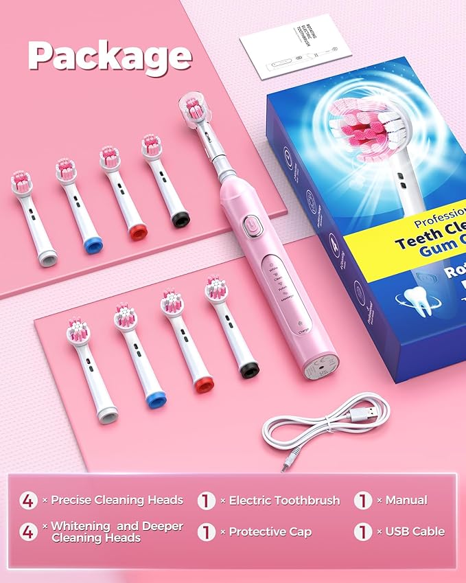 TEETHEORY Rotating Electric Toothbrush for Adults with 8 Brush Heads (2 Types), 4 Modes Deep Clean Electric Toothbrush with Rechargeable Power and 2 Min Smart Timer (2- Cherryblompink, p1)