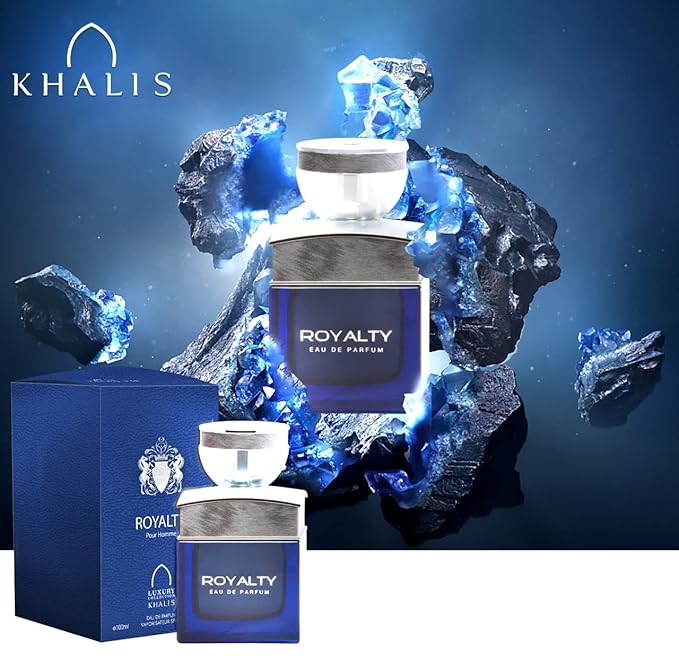 Khalis Royalty Eau de Parfum 3.4 oz - Aromatic Mens Cologne with Nutmeg Ginger Sage Oud Cedar Leather Moss and Patchouli Accords loved for its long lasting trail and compliment catching aroma