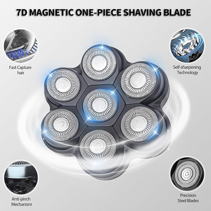 Magnetic Head Shaver Replacement Heads 7 Double Ring Waterproof Rotary Razor Blades for Bald Men Compatible with Freebird wyklaus shpavver (Black4)