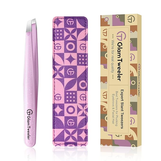 Expert Eyebrow Hair Removal Tweezer with Leather Case, GlamTweeler High Precision Slant Tip Stainless Steel Tweezers for Men and Women (Sparkle Baby Pink)
