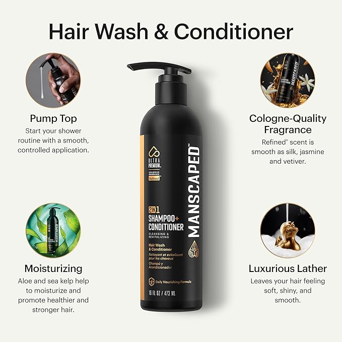 MANSCAPED® 2 In 1 Shampoo & Conditioner, UltraPremium Formula Infused with Sea Kelp, Coconut Water, Aloe for Nourishing and Hydrating Hair (16 oz), 2 Pack