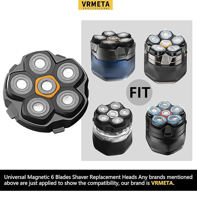 6 Blade Magnetic Replacement Shaving Heads for Bald Men Compatible with All 6D Magnetic Electric Razor (1 PCS VM-072)