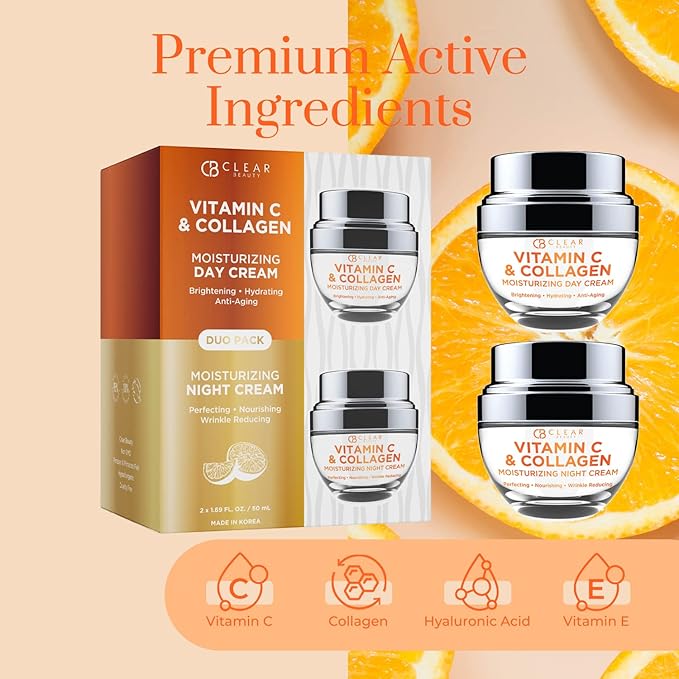 Clear Beauty Vitamin C & Collagen Face Moisturizer - Hydrating Anti Aging Day & Night Cream - Firms Smooths & Evens Skin Tone - Dermatologist Tested, Korean Skin Care Set, Clean Beauty - Duo Pack