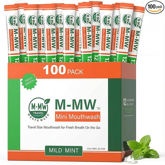 M-MW Travel Size Mouthwash Individual Packets, Alcohol Free Oral Rinse, Bad Breath Treatment for Adults, Mild Mint Flavor, Travel Essentials Toiletries (100 Count)