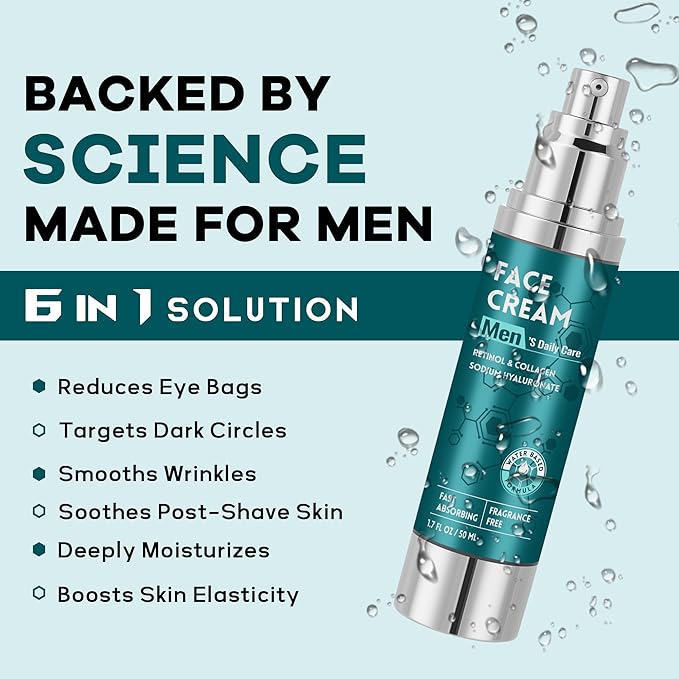 6-in-1 Face Cream for Men: Hydrating Water Based Men Face Moisturizer with Retinol, Collagen, Sodium Hyaluronate - Mens Anti Aging Face Cream for Day and Night Use