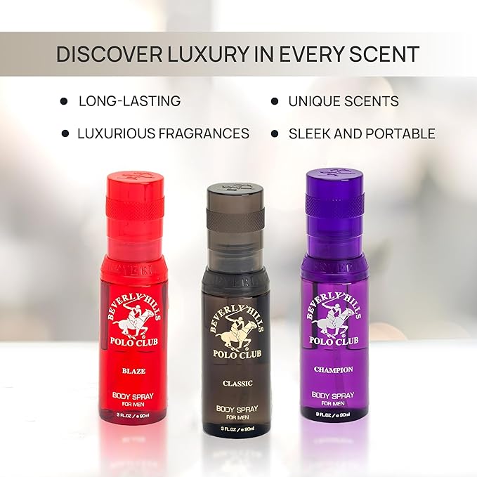 Beverly Hills Polo Club Men's Luxury Body Spray Gift Set - 3 x 3oz Designer Cologne Scents for Dynamic Freshness, Confidence & Active Lifestyles | Gold Collection Ideal for Gifting