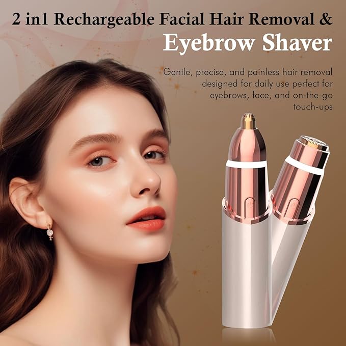 Eyebrow & Facial Trimmer: 2 in1 Rechargeable Facial Hair Removal & Eyebrow Shaver - Body Razor with Built-in LED Light (Rose Gold)