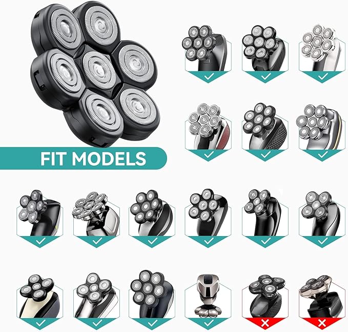 kensen 7D Head Shaver Replacement Head - Electric Shaver Replacement Head 7 Heads for Bald Men Wet and Dry Compatible Many Models Waterproof Head Razor