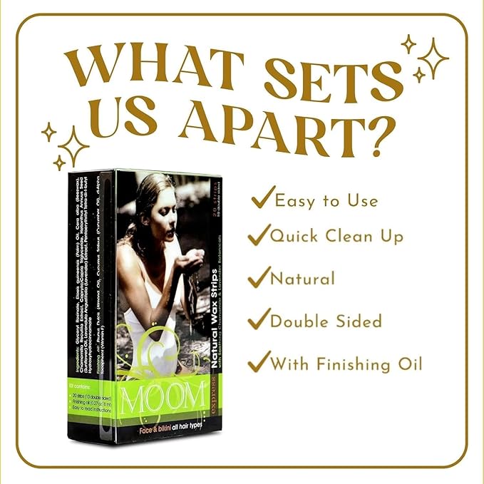 MOOM Express Wax Strips with Chamomile & Lavender, Hair Removal Kit with Finishing Oil – Face, Bikini Area & Brazilian, 10 Double-Sided Strips (1 Pack), 20 Count