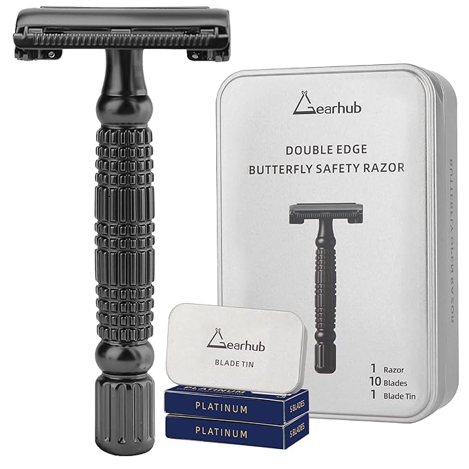 Gearhub Butterfly Double Edge Safety Razor Reusable Stainless Metal Wet Shaving Razor with 10 Swedish Platinum Blades for Men Women Barber Bikini Armpit Hair, Matte Black GR179