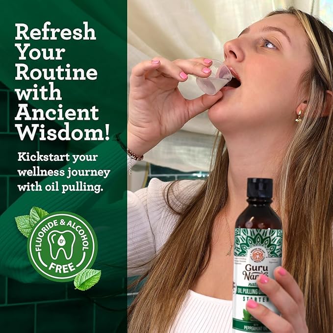 GuruNanda Starter Pulling Oil Mouthwash for Natural Teeth Whitening, Coconut and Peppermint Oil for Fresh Breath & Happy Gums, Alcohol-Free, 8 Oz (Pack of 2)
