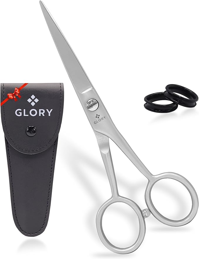 GLORY 5 Inch Professional Beard and Mustache Scissors, Premium Stainless Steel Facial Hair Trimming Scissors - Sharp Serrated Edge Grooming Shears for Men, Precision Mustache & Beard Trimming Scissor