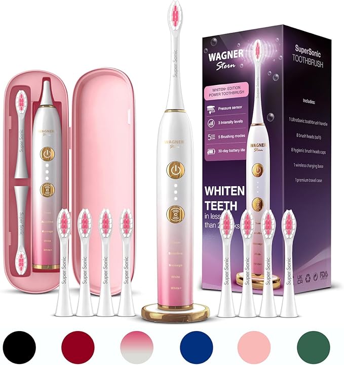 Wagner Stern WT8900 Series Electric Toothbrush – Whitening & Pressure Sensor, 5 Modes, 3 Intensities, 8 Soft Brush Heads, Rechargeable, Travel Case Included