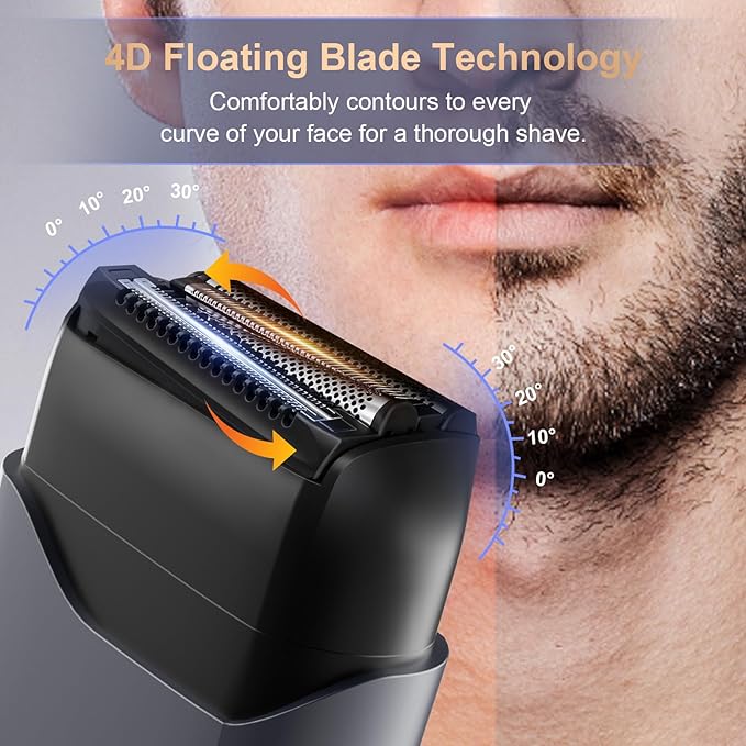 Electric Foil Shaver for Men:Triple Floating Blade Electric Razor for Face & Beard - IPX7 Waterproof Cordless Shaver with LED Display, USB-C Fast Charge & Travel Lock-Dark
