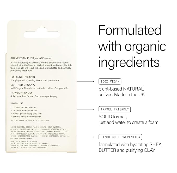 Nimbi Shave Foam Puck Clay, Fragrance-Free Solid Shaving Foam, Face and Body, 48 Uses, Pack of 1.