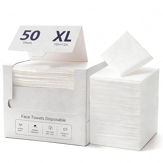 Disposable Face Towels XL, 10"x12" Ultra Soft & Thick Dry Wipes, Makeup Remover & Facial Cleansing Towels for Sensitive Skin, 50 Count, 1 Pack
