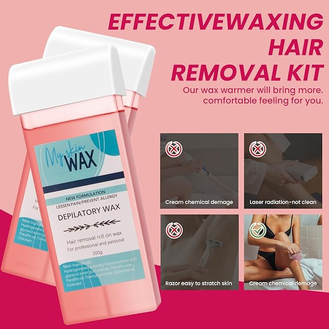 Roll On Wax Kit, Portable Wax Roller Kit for Coarse/Fine Hair Removal, Beginners Waxing Roller for All Skin Types with 3 Pcs 100g Roll Cartridge, 100 Non-Woven Strips & 10 After Oil Wipes (F0_Pink)