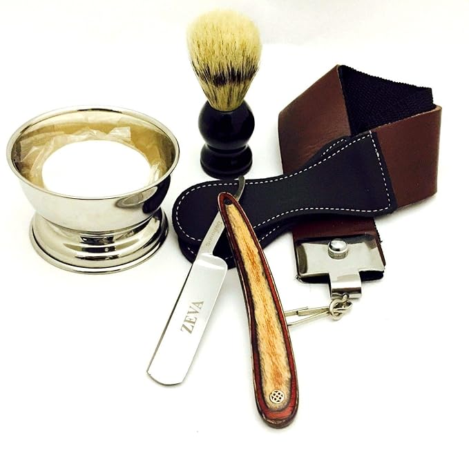 5 PC WOODEN STRAIGHT RAZOR SHAVING GIFT SET FOR CHRISTMAS WITH TRAVELING BAG