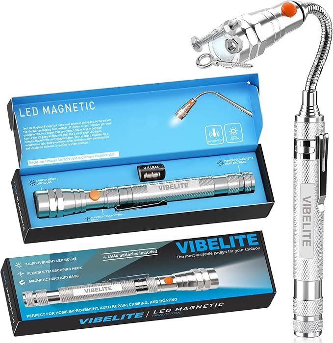 VIBELITE Extendable Magnetic Flashlight with Telescoping Magnet Pickup Tool- Cool Gadget Valentines Day Gifts for Him, Men, Teen Boys, Husband, Dad, Father, Mechanic, Women, Silver