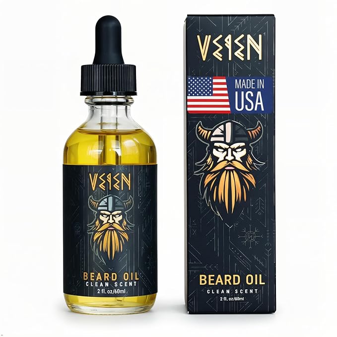 Veien Beard Oil for Men Premium All-Natural 2floz Made in USA for Thicker Darker Fuller Growth Moisturizes Conditions Softens Strengthens Smooths Frizz Hydrates for All Hair & Skin Types Reduces Itch
