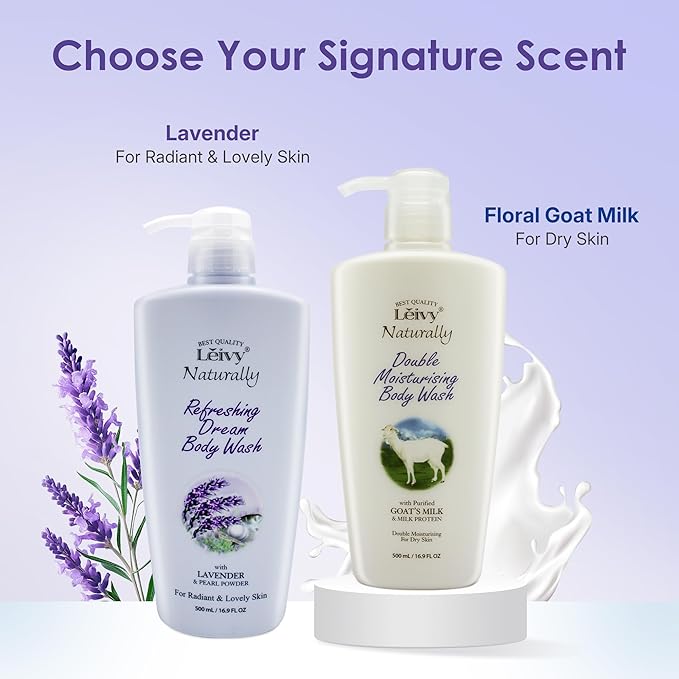Lěivy Lavender Body Wash Deep Moisturizing, Calming Scent, Skin Cleanser Hydrating Shower Gel, Soothing & Sleep, with Vitamin E & Pearl Powder, 16.9 Fl oz Bottle