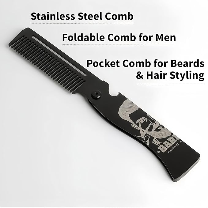Men's Metal Folding Pocket Beard & Mustache Comb, EDC Knife Comb with Bottle Opener for Outdool Travel - Anti-Static for Hair Styling Pompadour, Slicked-back, Fauxhawk, Undercut - Black