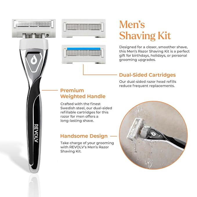 REVOLV - Men’s Razor - 1 Premium Weighted Handle + 1 Dual-Sided Cartridge - For a Closer, Smoother Shave - Safe on Sensitive Skin - Black