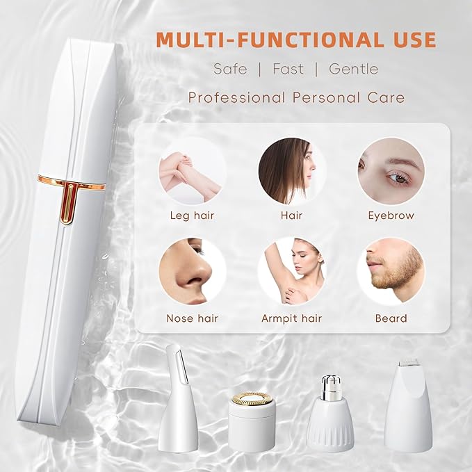 4-in-1 Facial Hair Trimmer for Women & Men - Eyebrow, Nose, Lips & Bikini Line Hair Removal, Rechargeable & Waterproof Personal Shaver, Painless & Portable for Travel Home Use