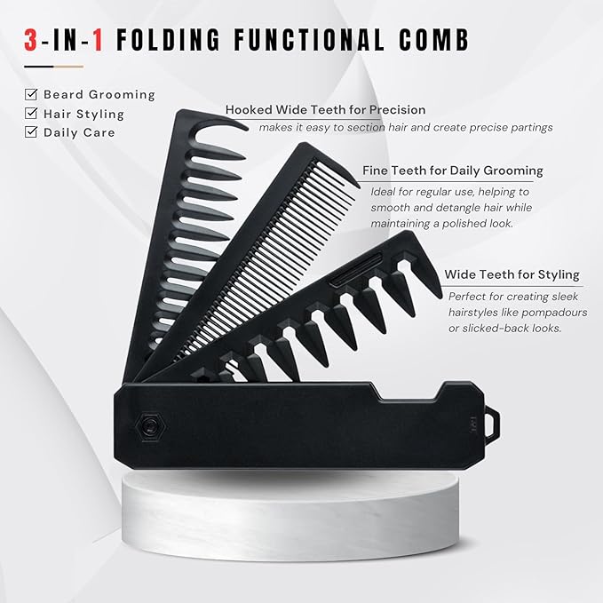 Protable Folding Pocket Comb for Men, 3 in 1 Hair Comb - Fine Tooth & Wide Tooth Comb, for Everyday Grooming & Combing Hair, Beards and Mustaches (Black)