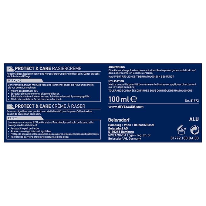 Nivea Men Protect & Care Rasiercreme im 1er Pack (1 x 100 ml), mit cremigem Schaum für eine sanfte Rasur, hautschonende Rasiercreme für Herren