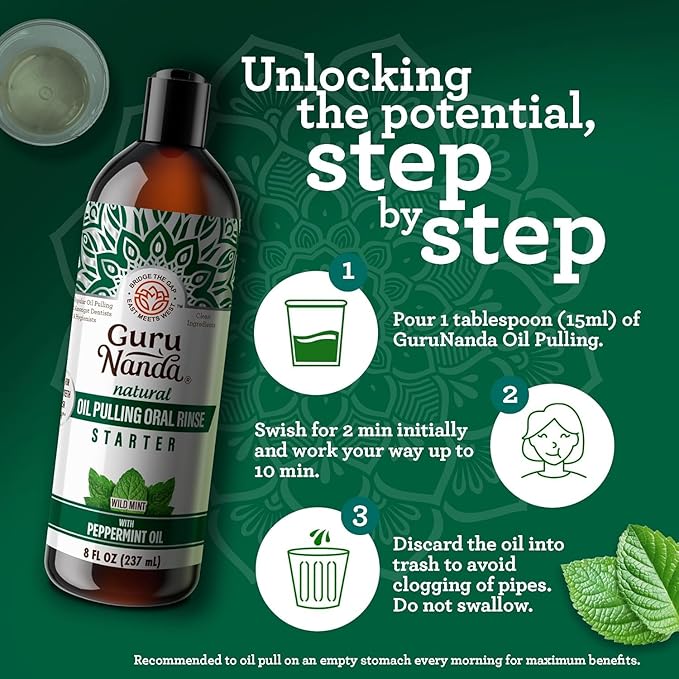 GuruNanda Starter Pulling Oil Mouthwash for Natural Teeth Whitening, Coconut and Peppermint Oil for Fresh Breath & Happy Gums, Alcohol-Free, 8 Oz (Pack of 2)