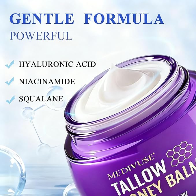 Tallow and Honey Balm - 100% Grass-Fed Beef Tallow for Skin with Organic - Deeply Moisturizing Beef Tallow for Face Body - Natural Formula Care for Dry & Sensitive Skin 4.3OZ, Whipped beef honey cream