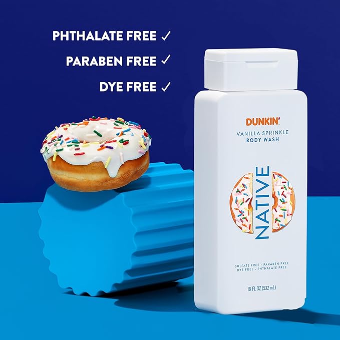 Native Body Wash, Dunkin Vanilla Sprinkle, Contains Naturally Derived Ingredients | For Women & Men, Sulfate, Paraben, & Dye Free Leaving Skin Soft and Hydrated | 18 oz