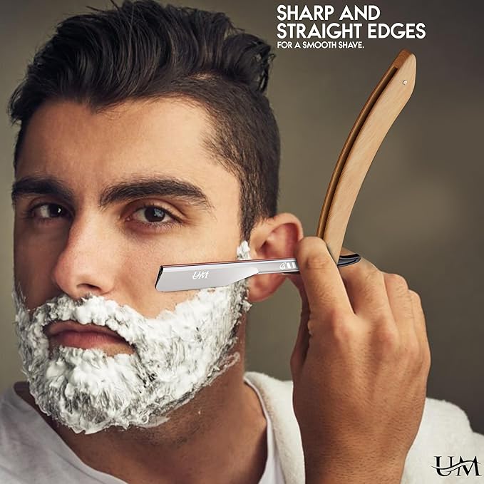UM Supplies Straight Razors for Men – Professional Barber Straight Edge Razor Kit with 10 Replaceable Insert Single Edge Blades - Navajas Para Barbero (Curved Wooden Handle)