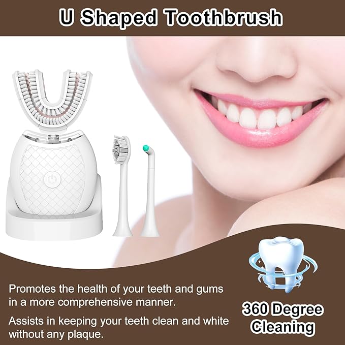 Electric U Shaped Toothbrush for Adult,360 Degree Automatic Cleaning, Ultrasonic Tooth Brush has 23760 Nylon Bristles and 3 Modes Standard, Fast, Ultra Fast(White)