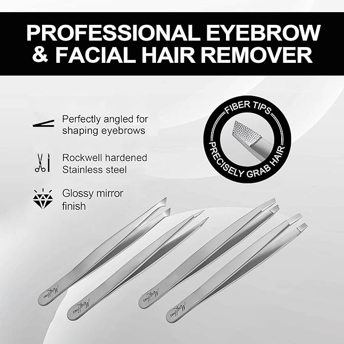 Fiber Tip Eyebrow Tweezers Set for Women & Men, 4 Pcs Professional Stainless Steel Tweezer Kit with Slant, Pointed, Flat & Pointed-Slant Tips for Facial Hair & Eyebrow Removal (Silver)